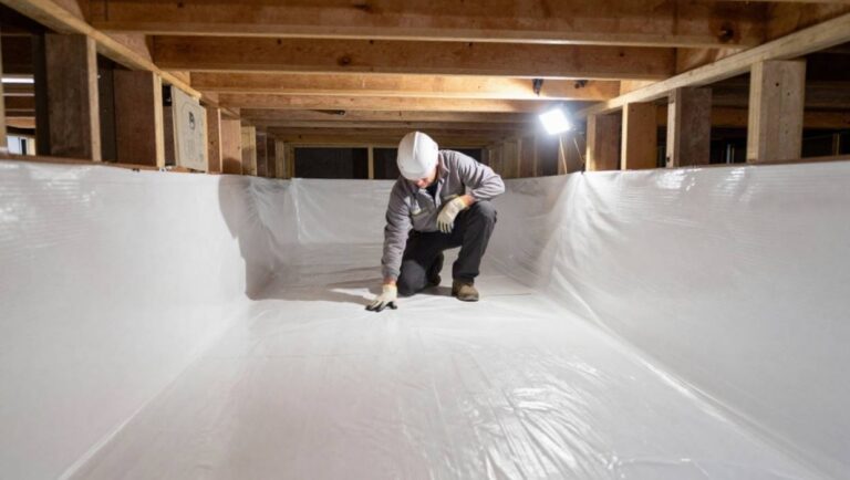crawl-space-encapsulation-contractor-installing-vapor-barrier